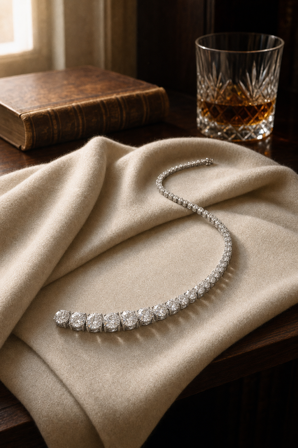 editorial portrait — woman in cream cashmere with diamond tennis necklace