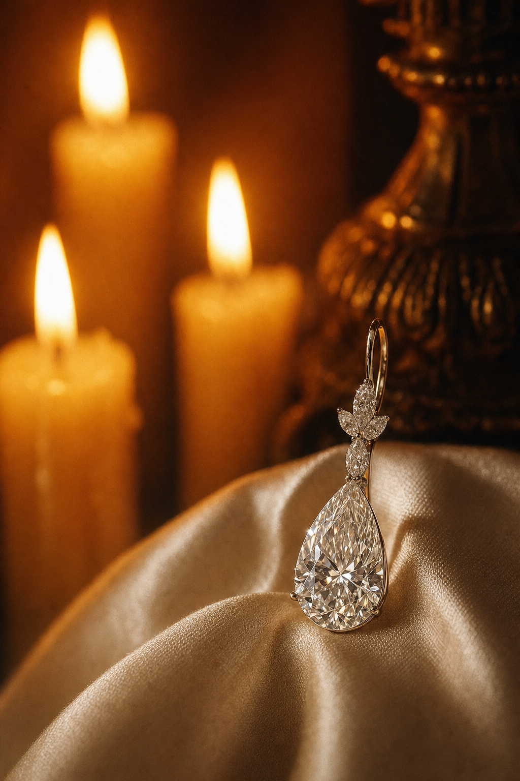 editorial portrait — woman laughing in candlelight, diamond drops